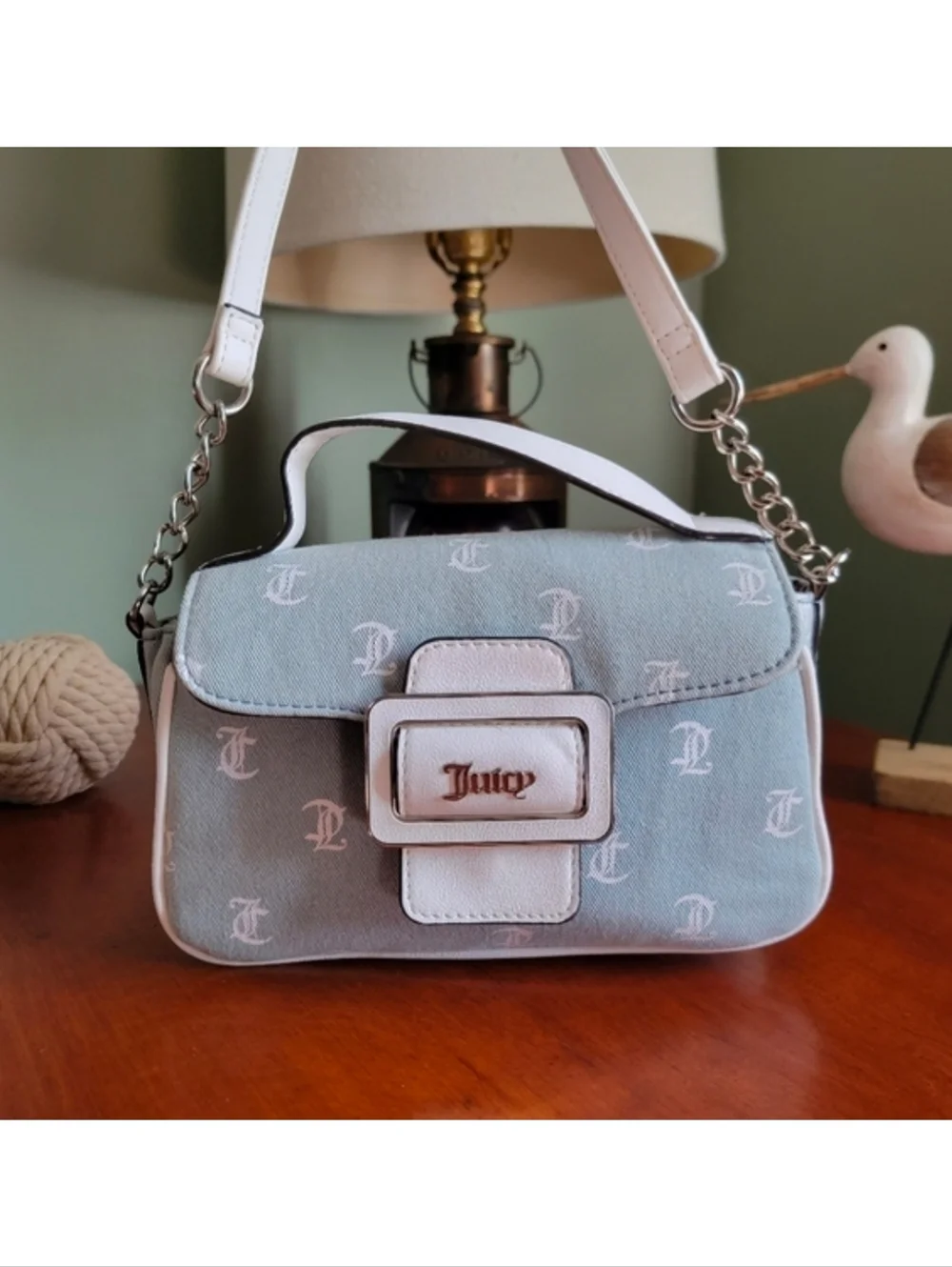 Juicy Couture Y2K Denim Monogram Blue White Crossbody Bag Vegan Leather